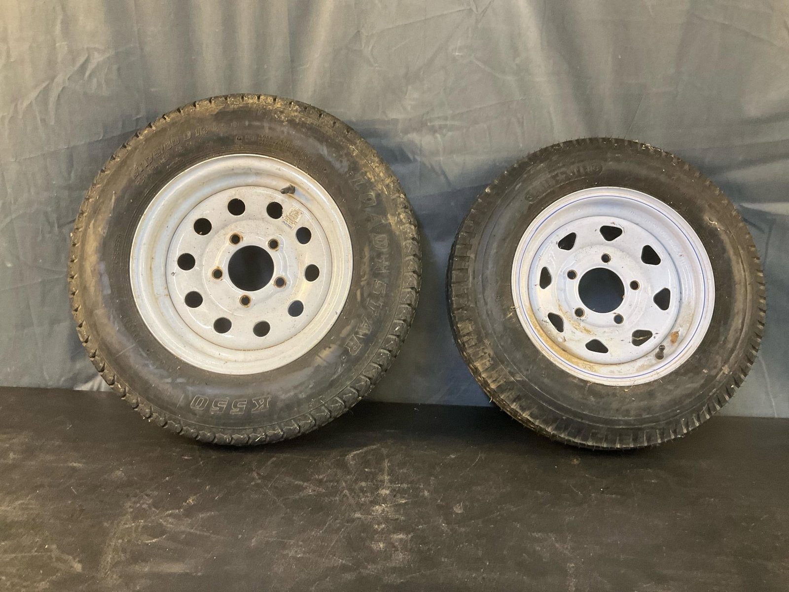 Trailer Tires: Lot of two trailer tires. One Load Star Tubeless K550 ST175/80 D 13. One Load Star 530-12. Used condition.