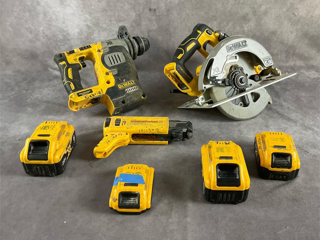 Dewalt Tools: Seven Dewalt tools and batteries. Tested and not working. Saw measures 7.5 inches wide x 12 x 11 inches tall.