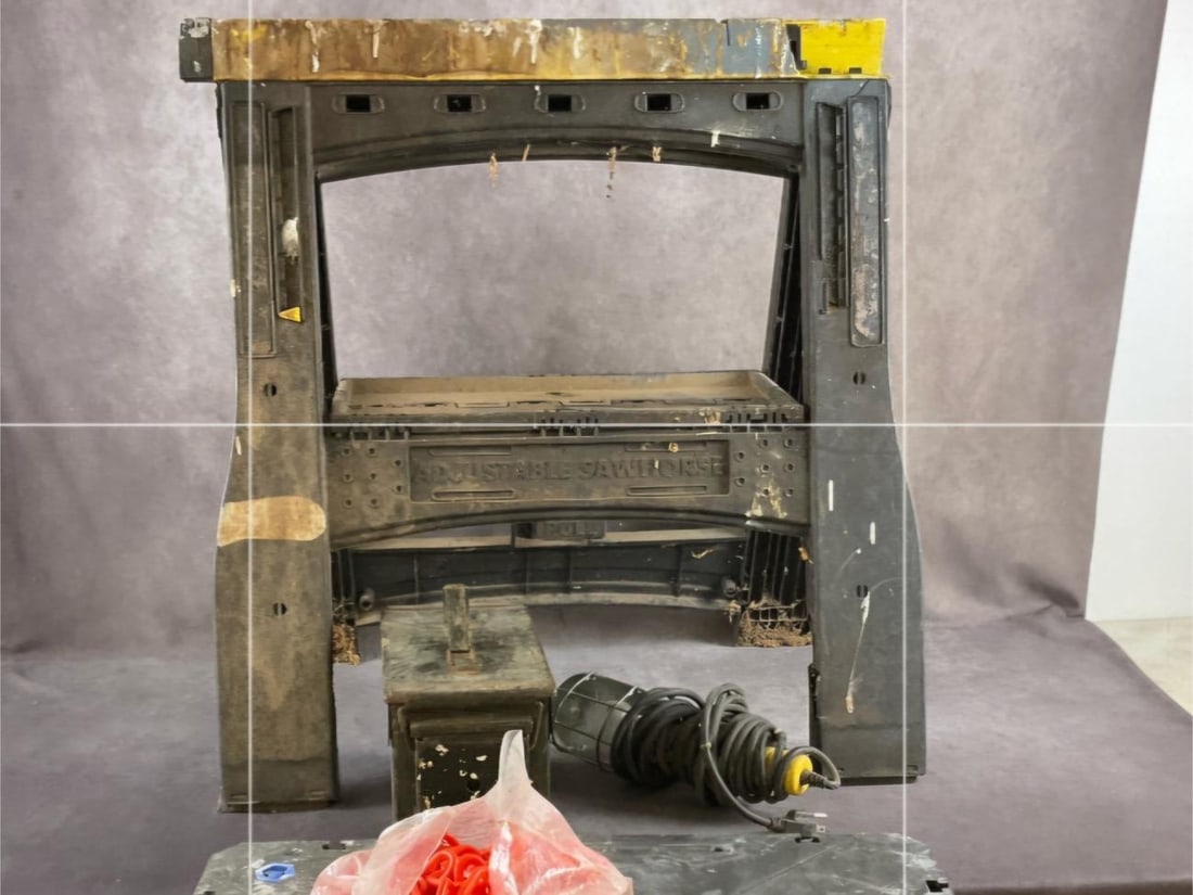 Saw Hoarse & Work Stand: Six items including saw hoarse, workstand, working drop light, ammo box, plastic chain and hooks. Used and new items. Workstand measures 24 inches long X 22 inches wide X 32 inches high.