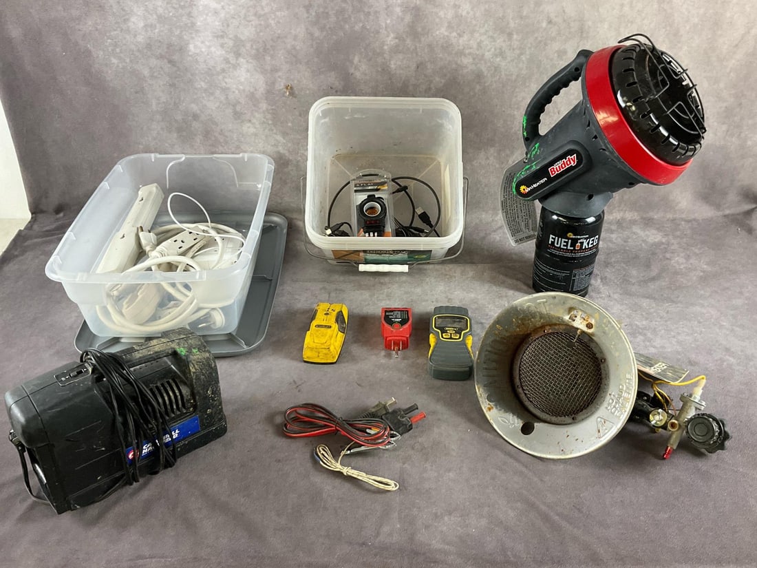 Miscellaneous on the Job Items: Heaters, compressors, outlet strips, circuit testing tools, stud finder and trailer wiring connectors. Used, untested. Largest item measures 10 inches long X 8 inches wide X 17 inches high.