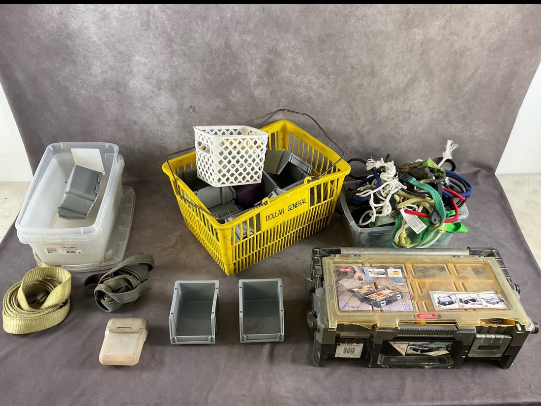 Boxes, Bins, Rope & Straps: Assortment of plastic boxes and bins, box with miscellaneous hardware. Rope and strap pieces. Largest box measures 16 inches long X 12 inches deep X 9 inches high.