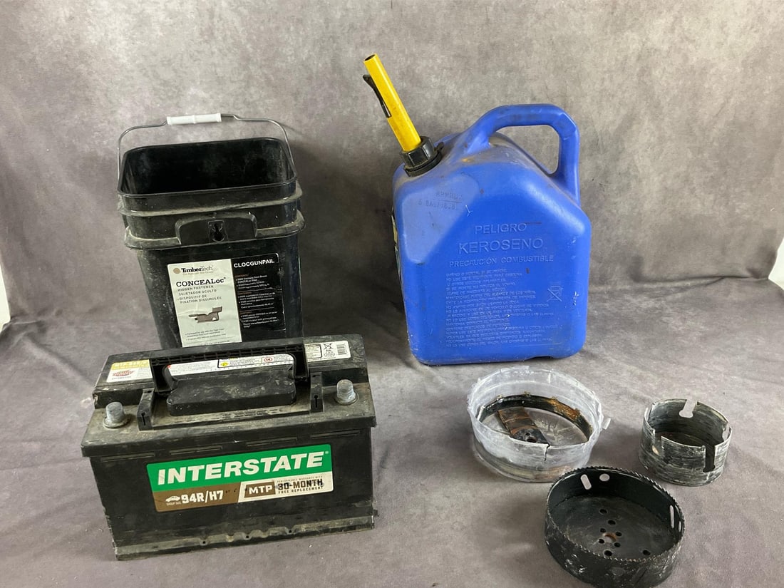 Assorted Construction Items: Interstate battery, untested. Concealoc fasteners, kerosene jug, hole saw and core saws. New and used items. Largest item 11 inches long X 10 inches wide X 19 inches high.