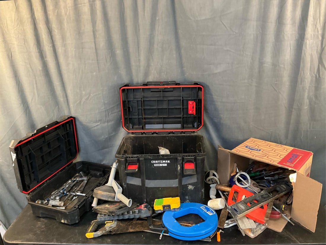 Contractor Hand Tools: Assorted hand tools including; trowels, hacksaws, saws, screwdrivers, kobalt wrenches, tapes, fish tape, mallets, squares, staplers, hole saws, leather tool pouches, Craftsman Trade Stack, gloves