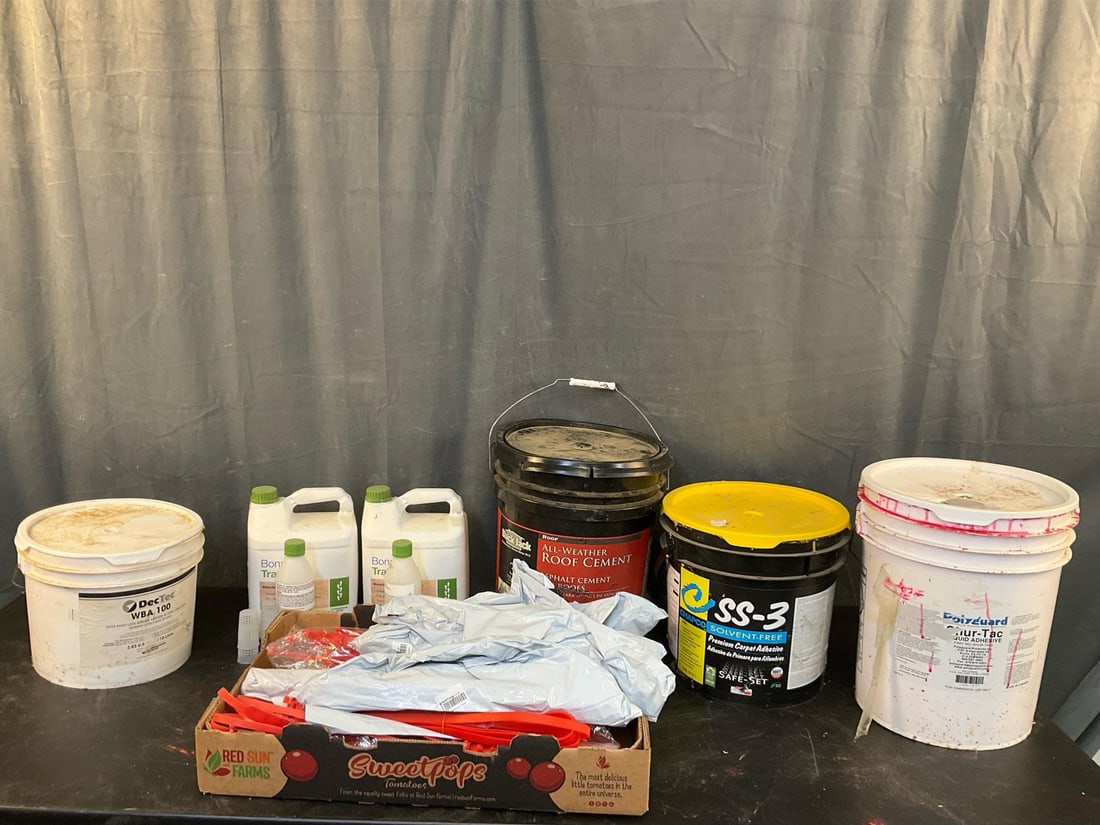 Assorted Contractor Supplies: Contractor supplies consisting of; zip ties, adhesives, 4 gallon carpet adhesive, 4.75 gallon roof cement, two unopened.92 gallons of Waterborne Wood Floor Finish with hardener. Used open condition,