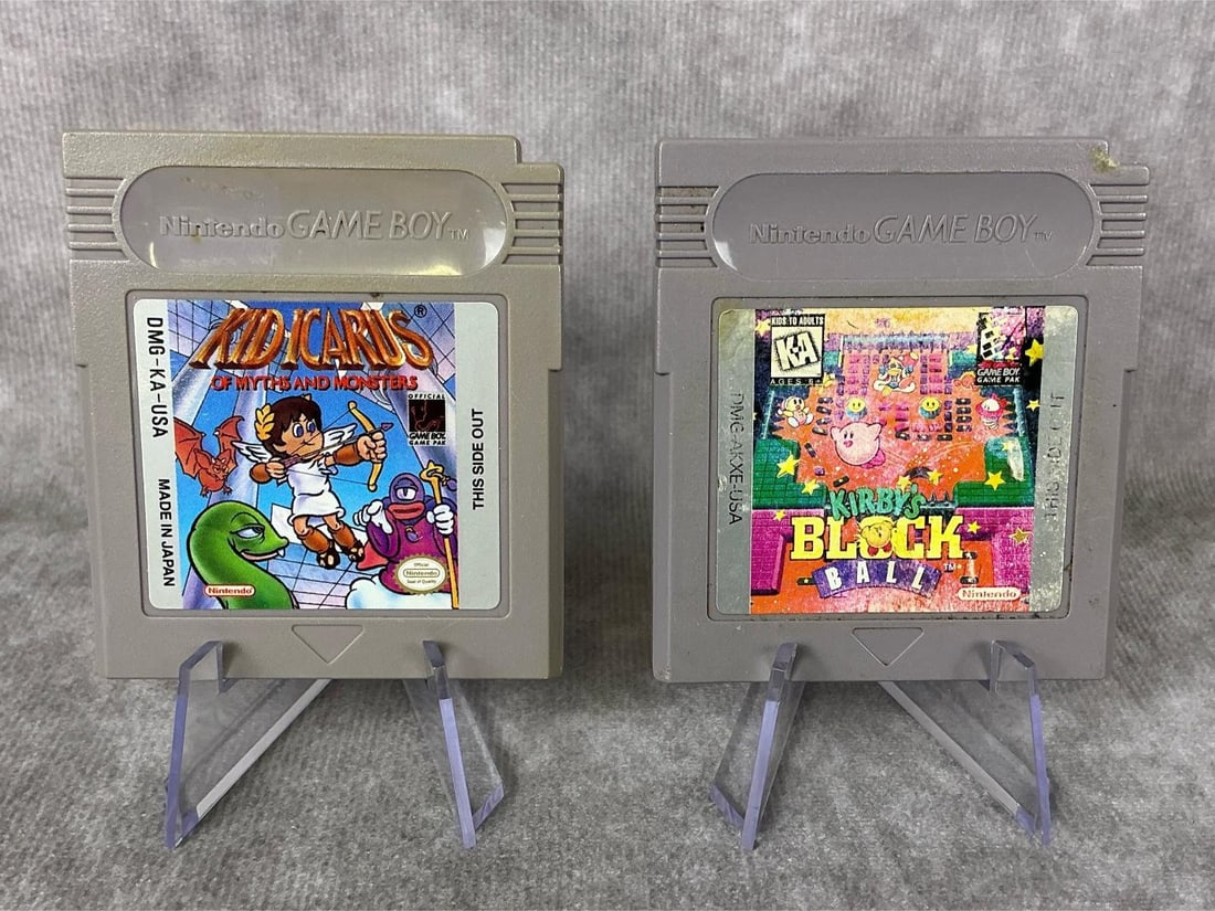 Game Boy Games: 1980s Kirby’s Block Ball and Kid Icarus Nintendo Game Boy Games made in Japan. Both games are untested and have some discoloration, the Kirby game has wear to front decal. Each one measures 2.25