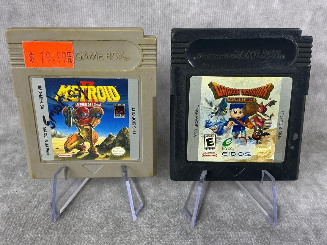 Game Boy Games: 1980s Metroid II Return of Samus and Dragon Warrior Monsters Nintendo Game Boy games, made in Japan. Both games are untested, discoloration on both, writing on Metroid, and staining to Dragon
