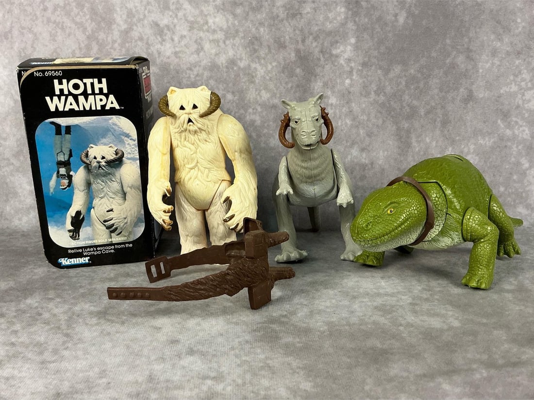 Star Wars Toys: 1981 Hoth Wampa with original box and booklet, made by Lucasfilm Ltd in Hong Kong. 1979 Dewback lizard with removable saddle and trap door mechanism, made by Kenner in Hong Kong. 1979 Tauntaun with