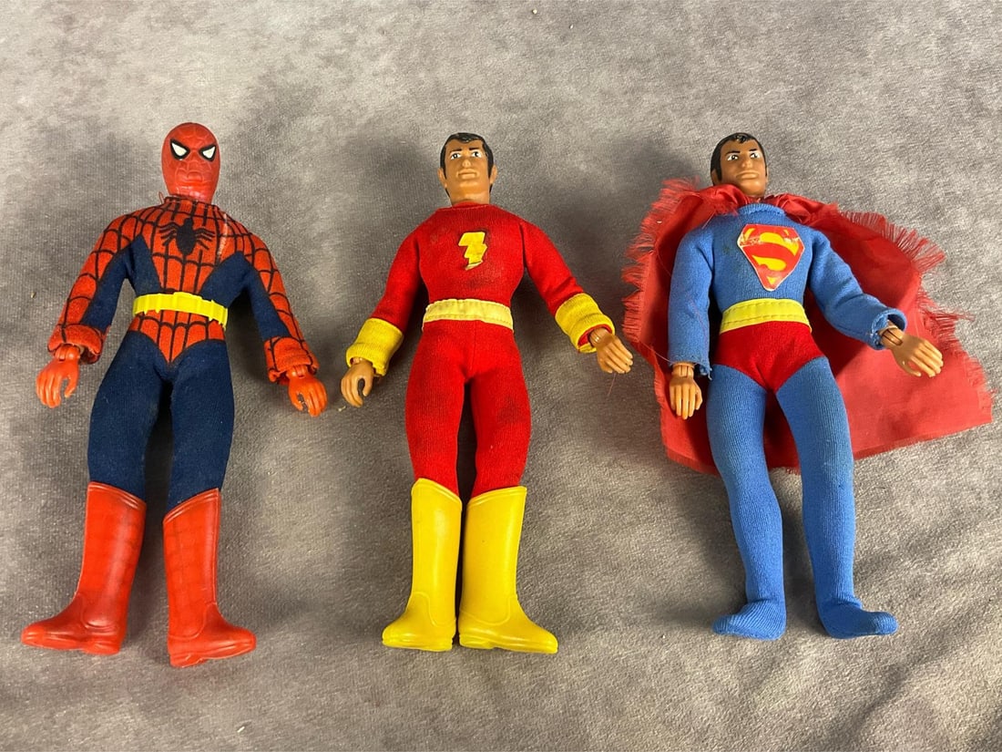 Mego Super Hero Action Figures: Lot of three Mego action figures made in Hong Kong, 1974. Spider-Man in good condition but has had repairs done to costume. Shazam a N.P.P. 1973 dated head, has wear on hair paint, logo decal