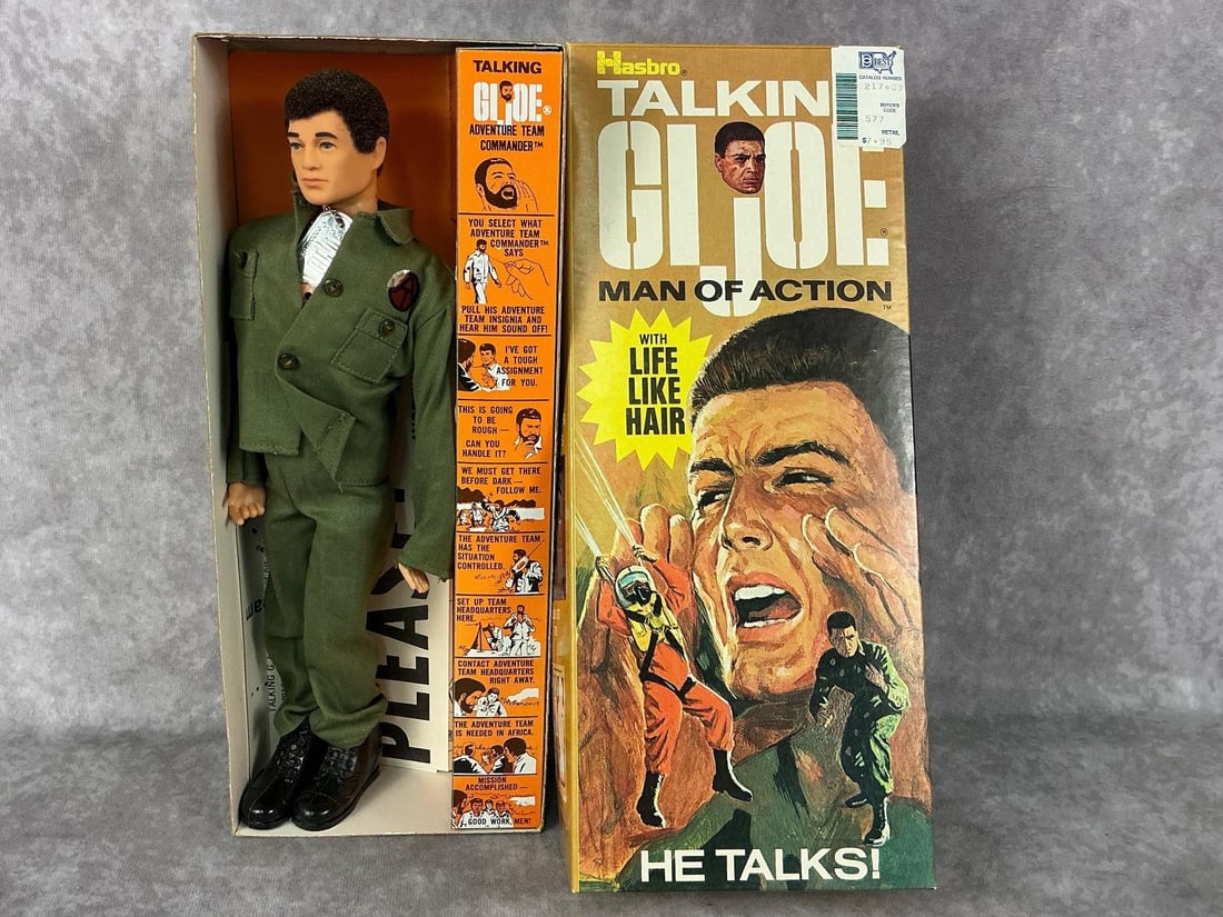Talking G.I. Joe: 1970 talking G.I. Joe Man of Action 12 inch figure in original box with paperwork, made by Hasbro in Hong Kong. Pull string works, makes a muffled talking sound. Figure and box in good condition,