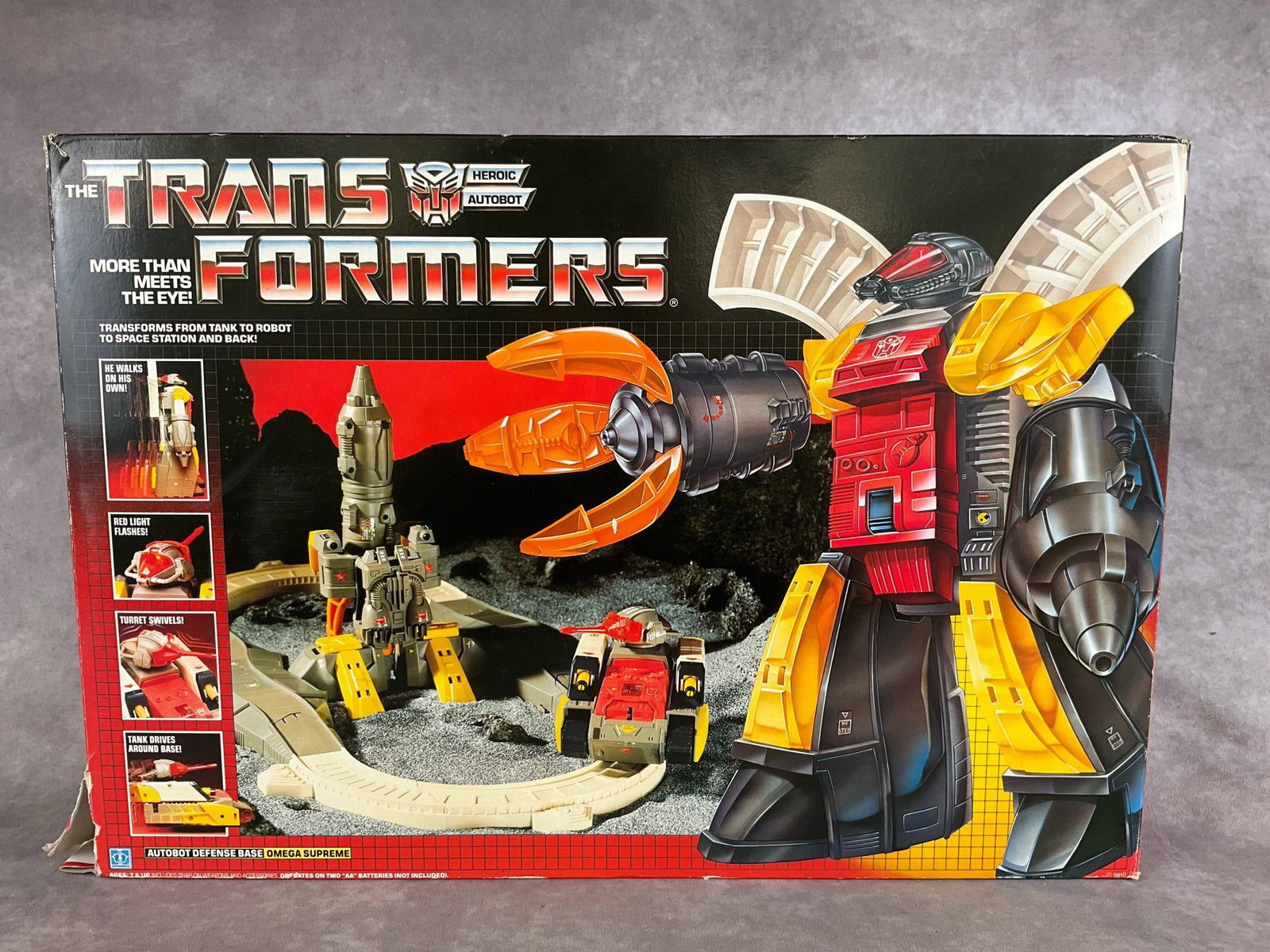 Transformers Autobot Defense Base - Omega Supreme: 1985, 5810 Hasbro Company. Includes Omega Supreme tank, track, rocket with claw, ankle armor halves, two feet, plastic runner with six shields, and instructions. Appears complete with tech spec cards
