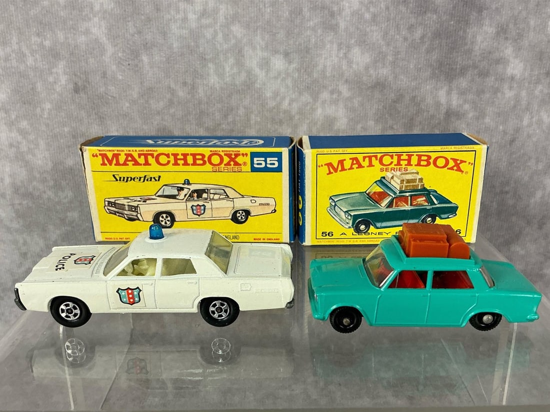 Matchbox Cars: Two vintage Matchbox Series cars in original boxes, both made by Lesney in England. Fiat 1500 #56 was made between 1965 and 1968, Superfast Police Car #55 was made in 1971 and 1970. Both cars in good