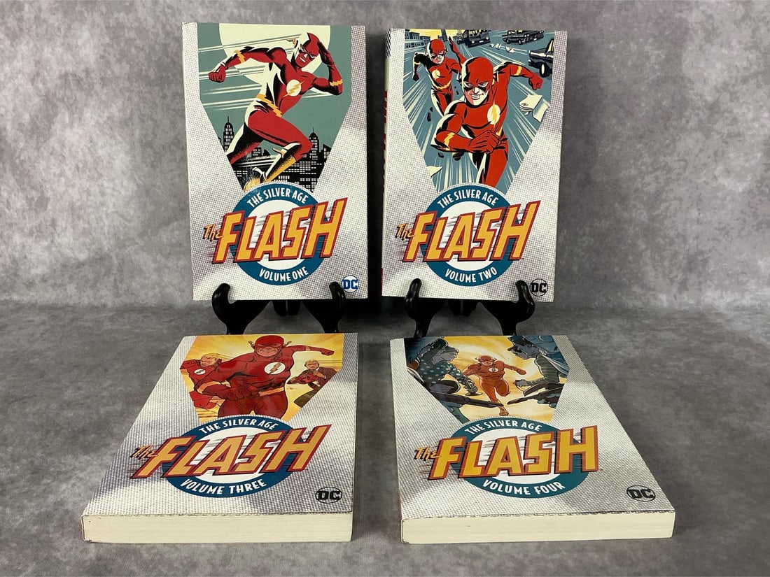 The Flash Comics: 2016-2019 four volume set of The Flash, The Silver Age comic books. In good condition. Each book measures 6.75 inches wide x 10.25 inches tall.