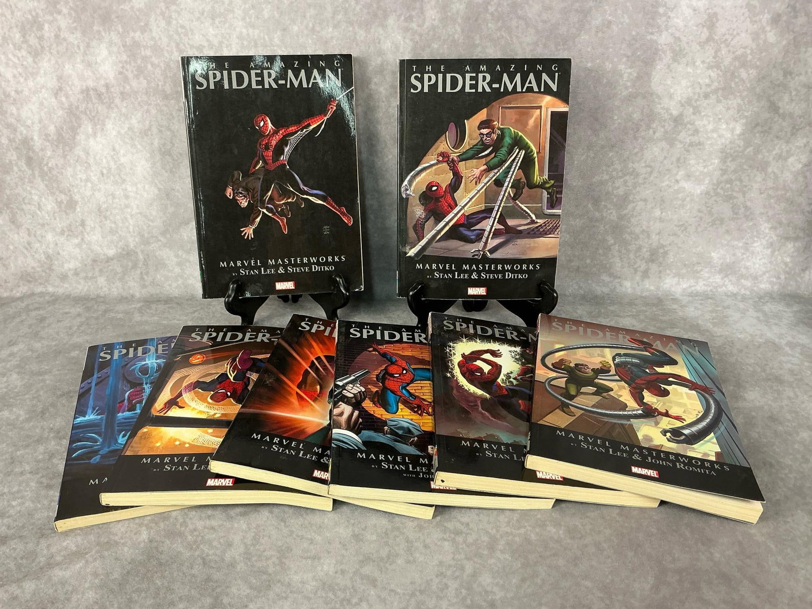 The Amazing Spider-Man: Eight volumes of 2012-2014 The Amazing Spider-Man Marvel Masterworks books. A collection of 1960’s comics issues # 1-#77 reprinted into eight volumes. Good condition. Each book measures 7 inches