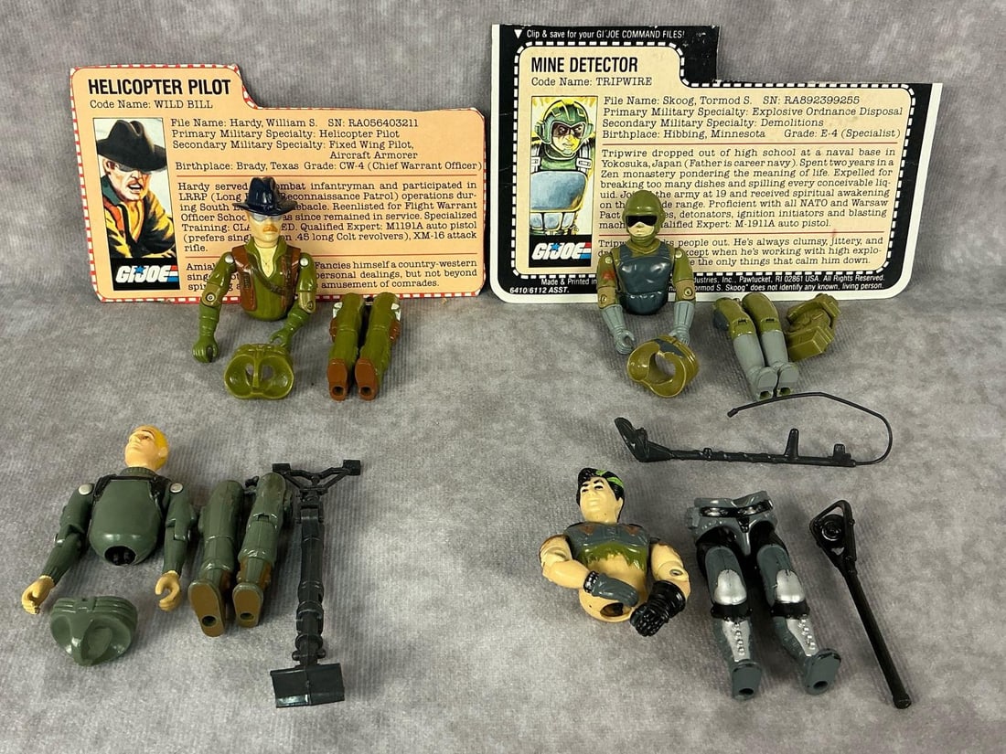 G.I. Joe Action Figures: 1982-1986 G.I. Joe action figures made by Hasbro in Hong Kong. 1982 straight arm Short Fuze with mortar, 1983 Wild Bill Helicopter Pilot with file card, 1983 Tripwire with file card and metal