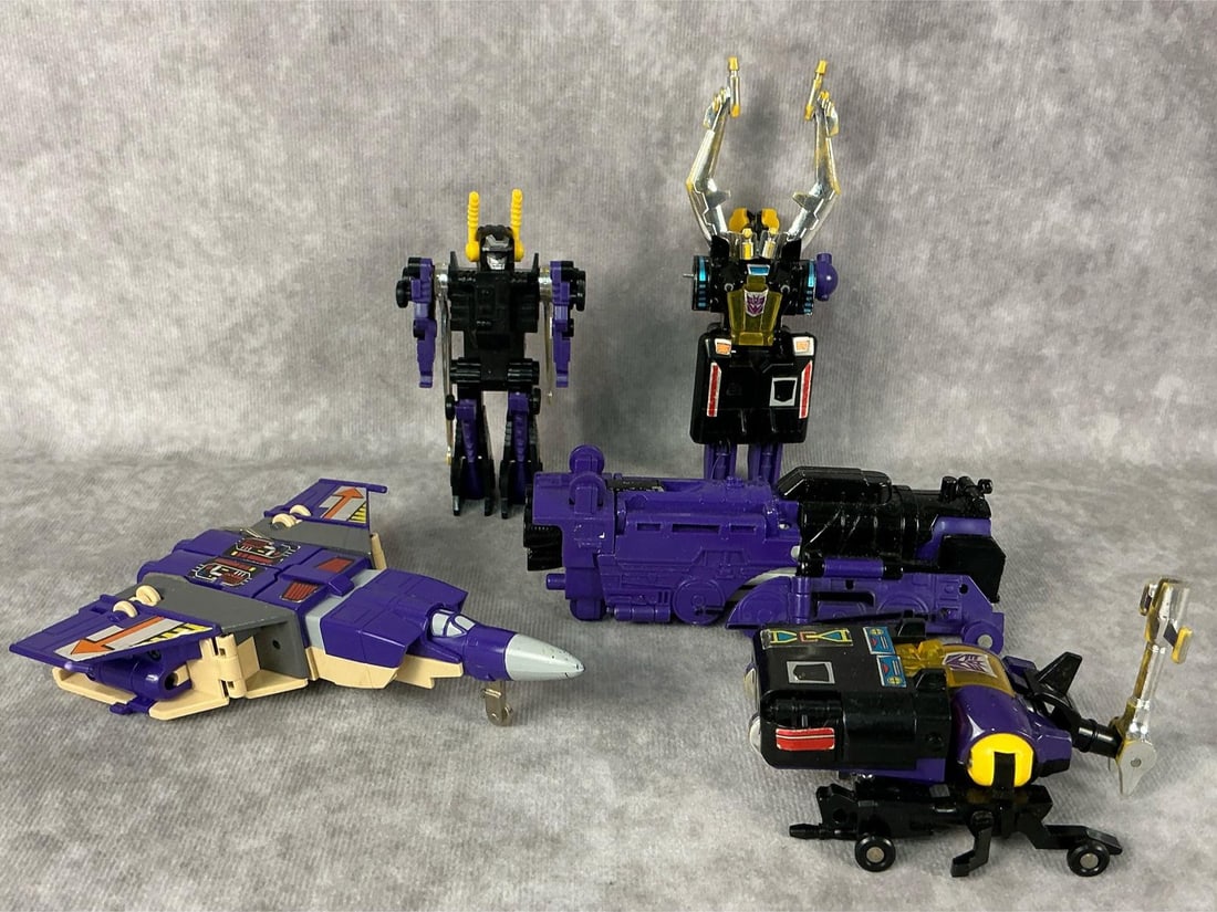 Decepticons Insecticons: Five 1985 Transformers Decepticon Insecticons made by Hasbro in Japan. Includes Blitzwing, Astrotrain, Shrapnel, Kickback, and Bombshell. All have wear and paint loss, Shrapnel has broken and missing