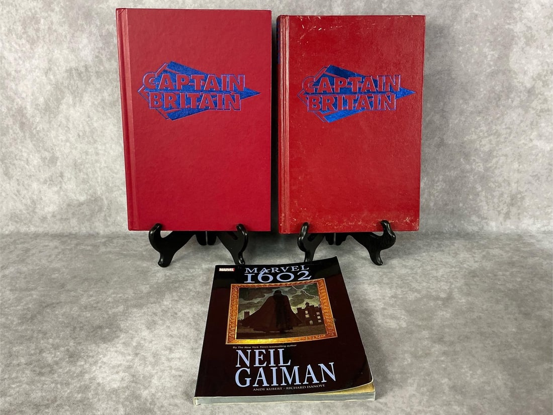 Captain Britain Books: Two 2011 Captain Britain books and one 2012 Marvel 1602 book. Captain Britain Birth of a Legend and Siege of Camelot in hardback. All in good condition. Largest measures 7.5 inches wide x 1.25 x 11