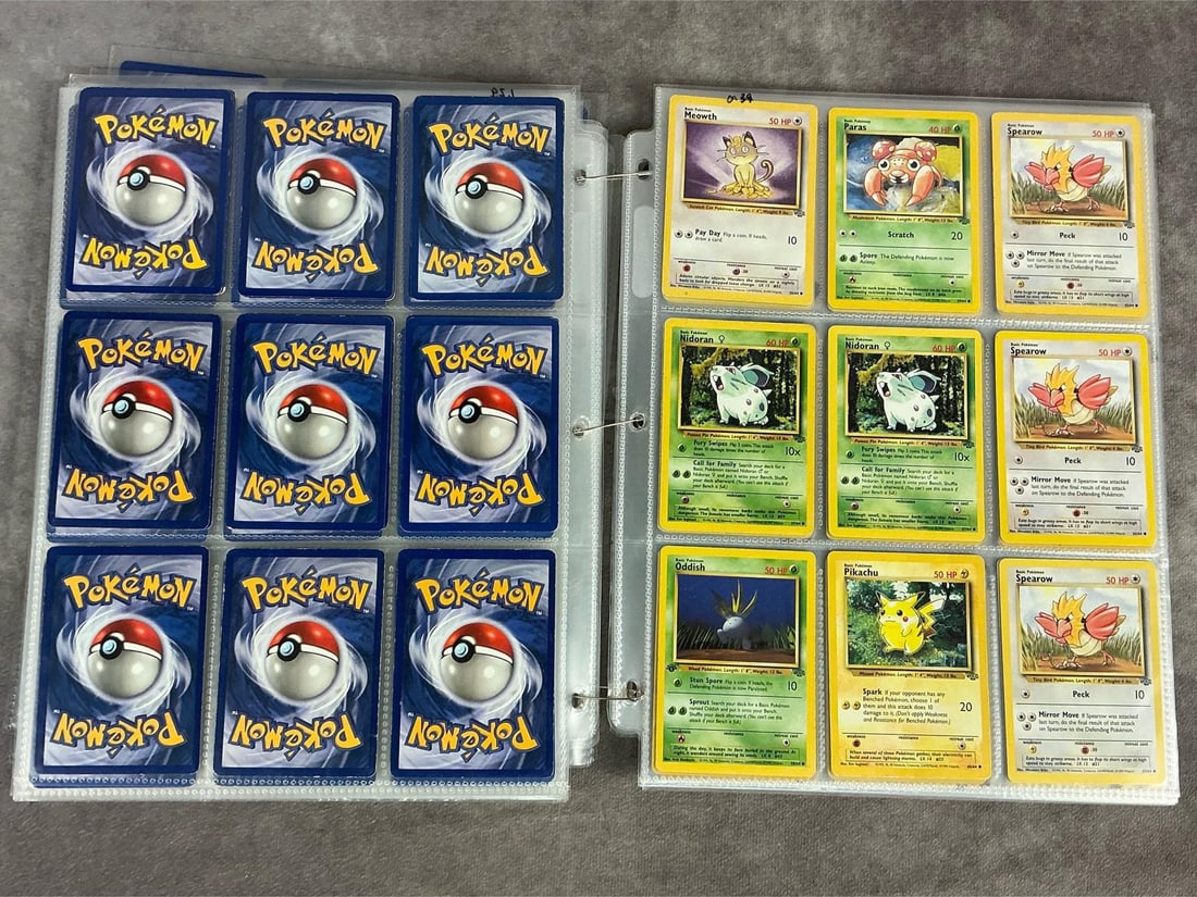 Vintage Pokemon Cards: Over 215 vintage Pokemon cards, mostly from 1999 and 2000, with only a few being from 2023. Includes Pokemon, Trainer, and Energy cards. Some cards are duplicates. Various conditions. Each sheet