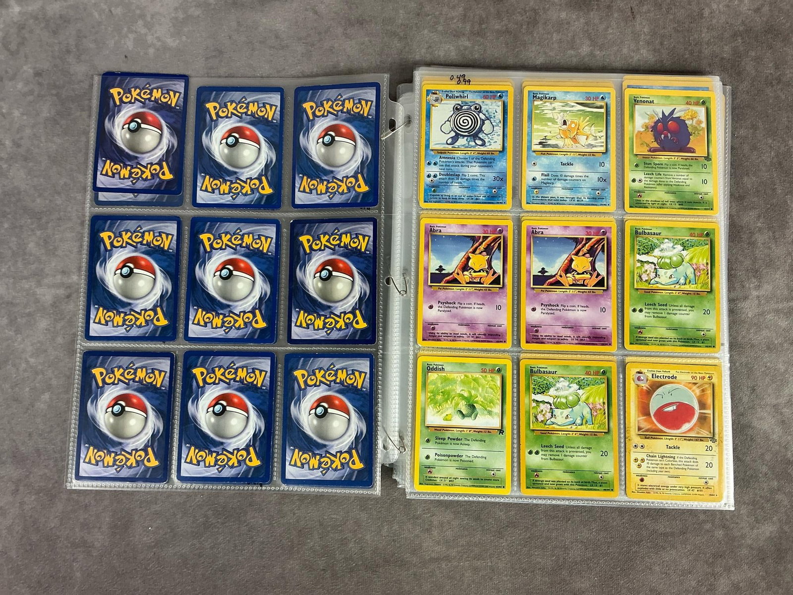 Vintage Pokemon Cards: 175 vintage Pokemon cards, mostly 1999 and 2000, a few modern cards. Includes Pokemon, Trainer, and Energy cards. Some cards are duplicates. Various conditions. Each sheet measures 8.75 inches wide x