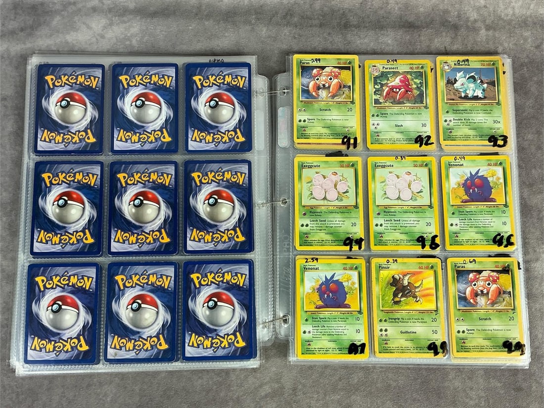 Pokemon Cards: Over 175 vintage Pokemon cards, mostly 1999 and 2000, a few modern cards. Includes Pokemon, Trainer, and Energy cards. Some cards are duplicates. Various conditions. Each sheet measures 8.75 inches wi