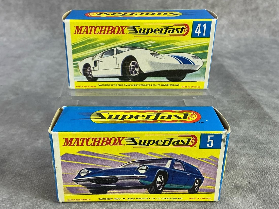 Matchbox Cars: Two mid century Matchbox cars including Lotus Europa and Ford GT. All in good condition and come with original box. Each measures 3.15 inches wide x 1 inch tall.
