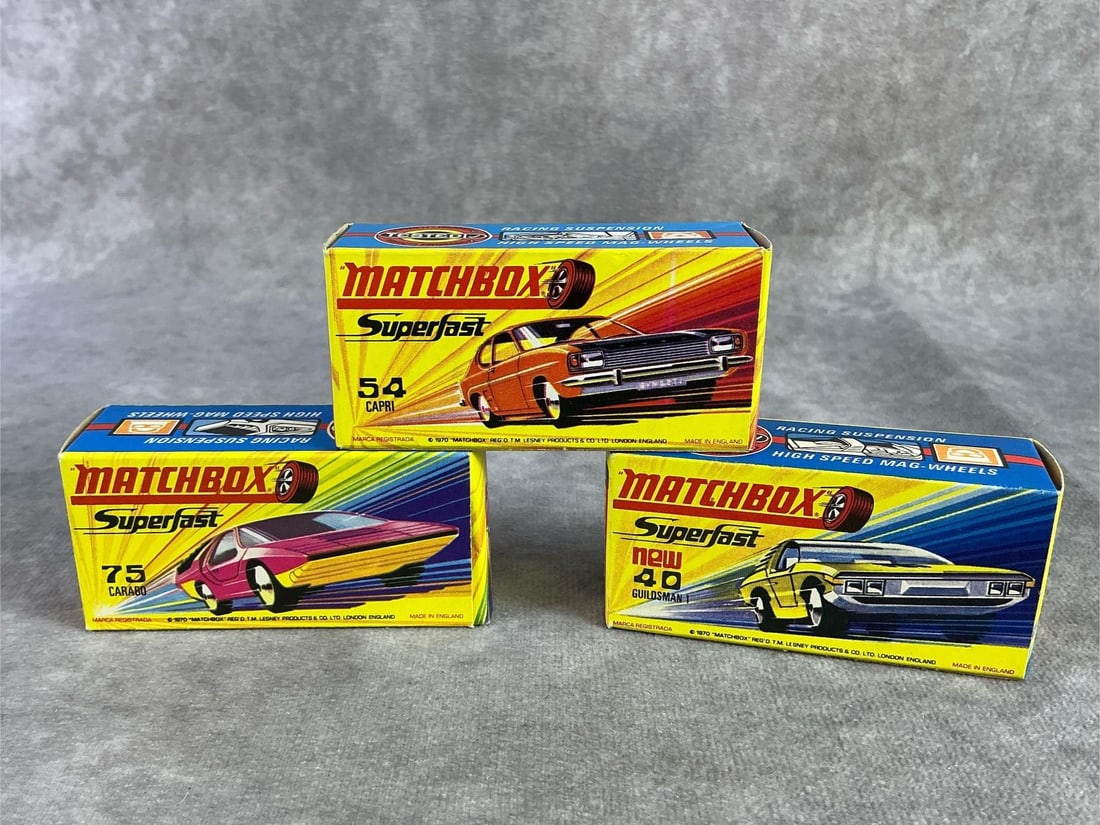Matchbox Cars: Three mid century Matchbox cars including Ford Capri, Alfa Carabo, annd Guildsman 1. All in good condition and come with original box. Each measures 3.15 inches wide x 1 inch tall.