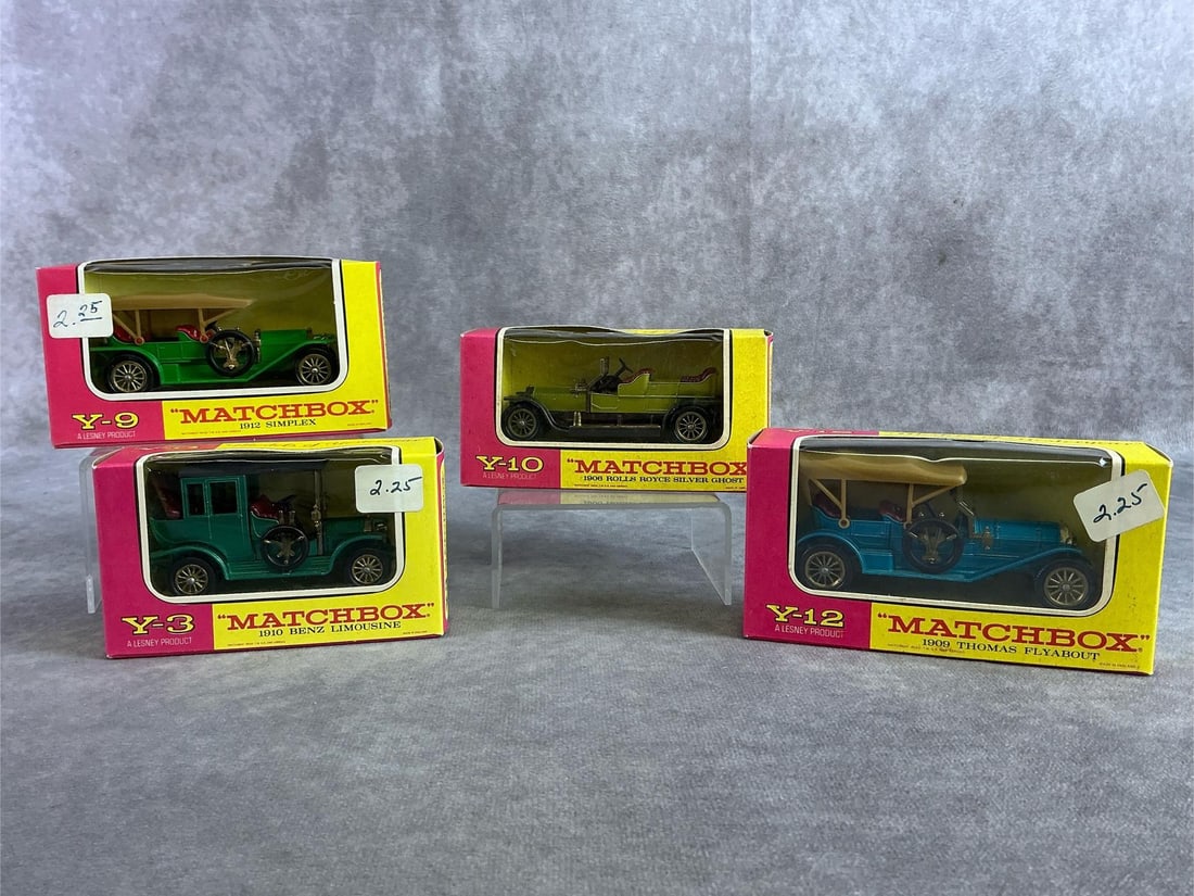 Matchbox Cars: 1960s cars including four Matchbox Models of yesteryear 1906 Rolls Royce, 1909 Thomas Flyabout, 1910 Benz Limousine, 1912 Simplex. All in good condition with original boxes. Each measures 5.5 inches