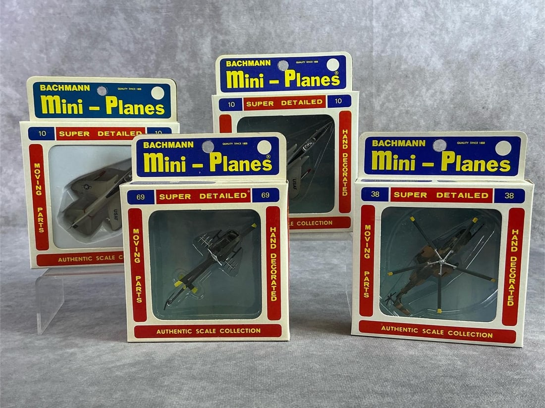 Bachmann Mini Planes: Four 1960s through 1970s Bachmann mini planes including Sikorsky HH3E, Bell UH 1B, and two Thunderchief F105. In good condition and comes with original boxes. Box measures 4 inches wide x 5 inches tal