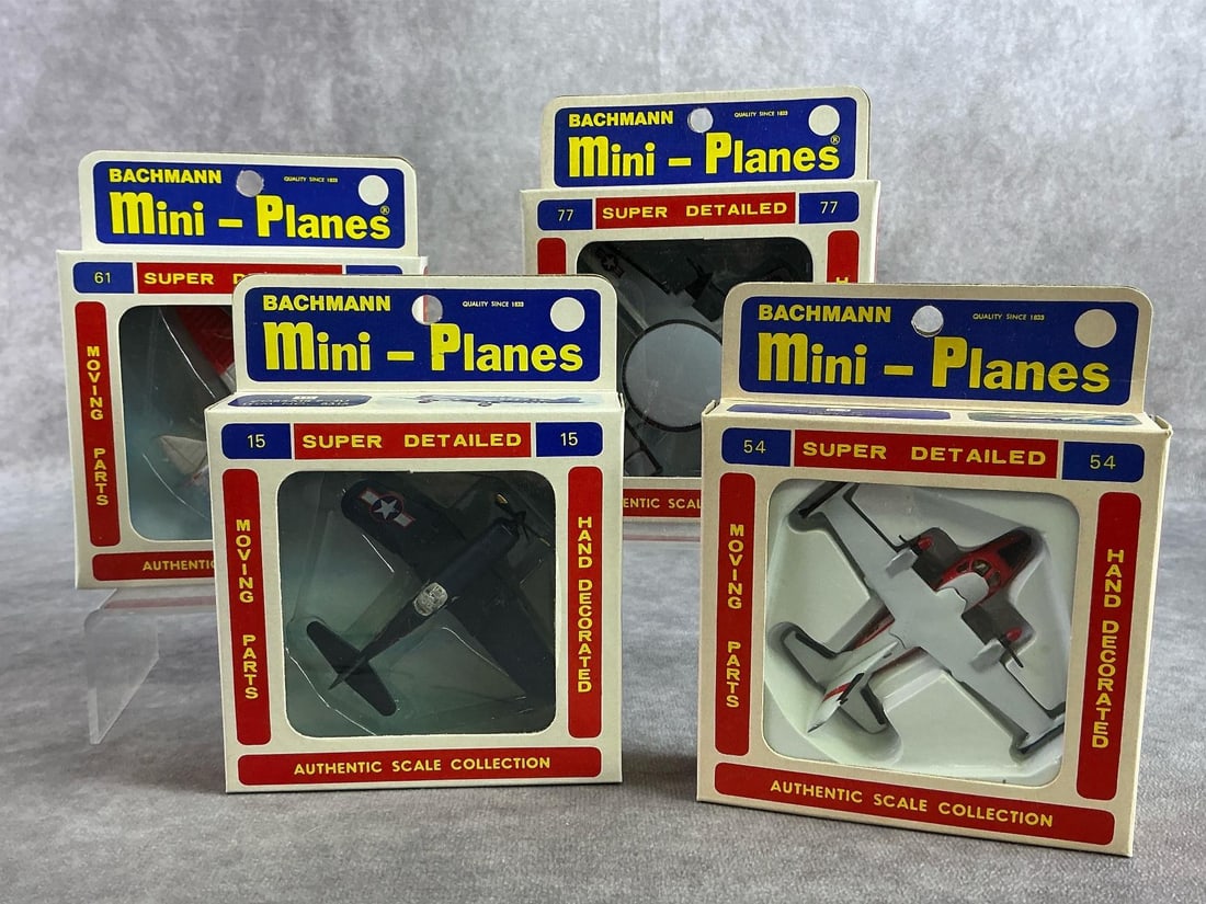 Bachmann Mini Planes: Four 1960s through 1970s Bachmann mini planes including Polikarpov, Grumman Hawkeye, Corsair F4U, and Mitsubishi MU2B. In good condition and comes with original boxes. Box measures 4 inches wide x 5 i