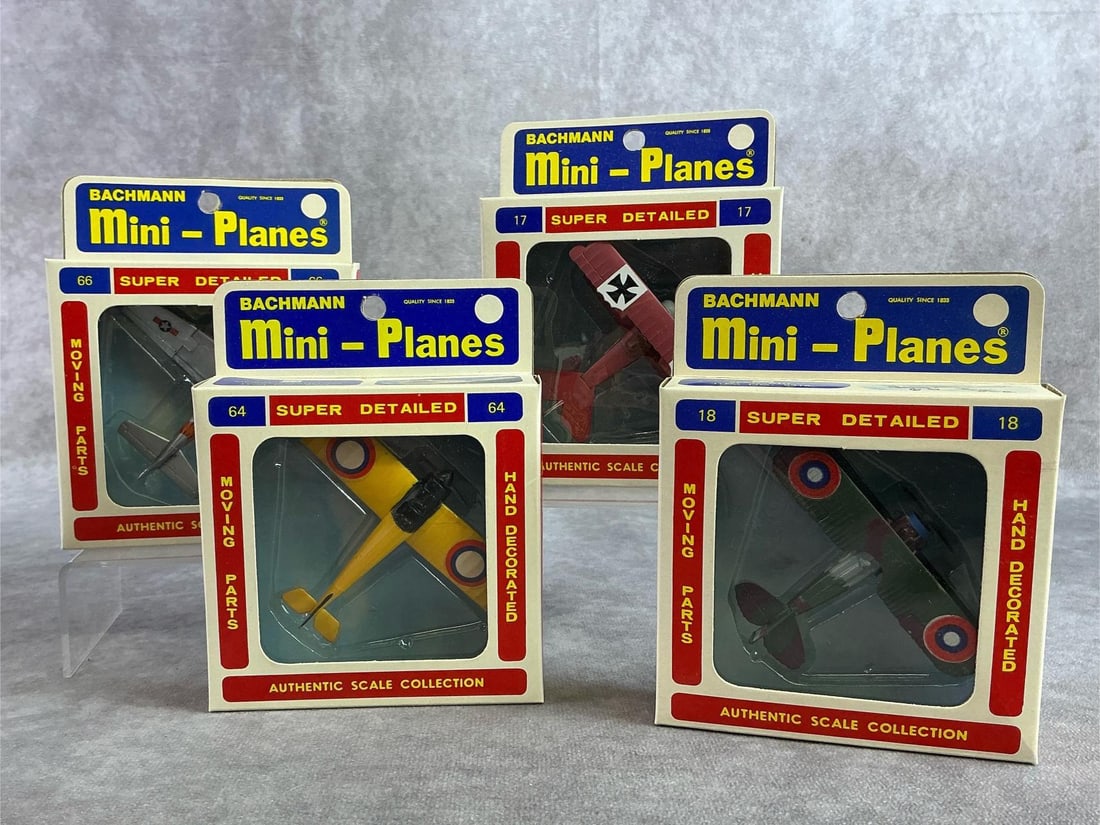 Bachmann Mini Planes: Four 1960s through 1970s Bachmann mini planes including SPAD X11, Morane Saulneir, Fokker DR 1, and Douglas Skyraider. In good condition and comes with original boxes. Box measures 4 inches wide x 5 i