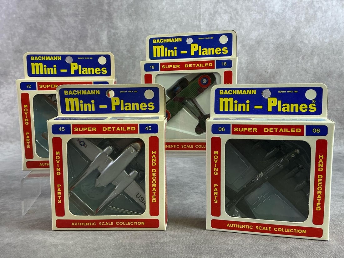 Bachmann Mini Planes: Four 1960s through 1970s Bachmann mini planes including B17, C119 Flying Box Car, Spad X11, Douglas DC 3. In good condition and comes with original boxes. Box measures 4 inches wide x 5 inches tall.