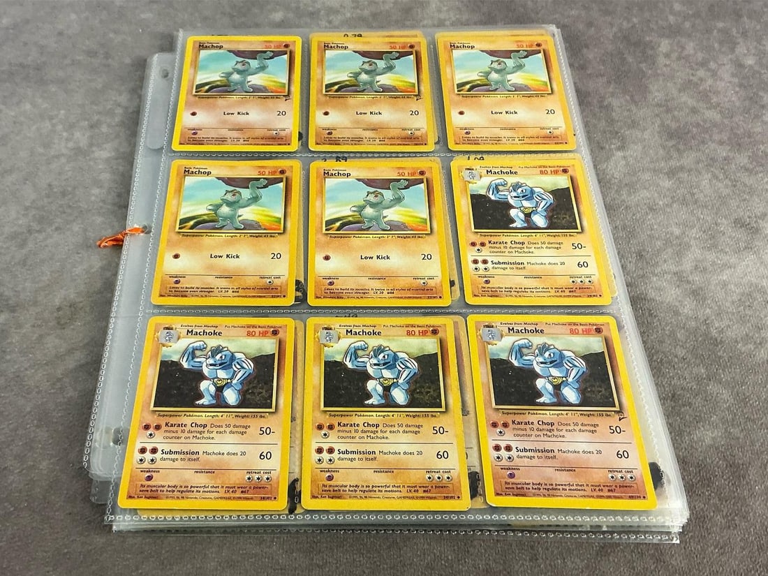 Pokemon Cards: Approximately 90 Pokemon cards from 1995. Includes Basic, Stage one, Trainer and Supporter. All appear in good condition and each measures 2.5 inches wide x 3.25 inches tall.