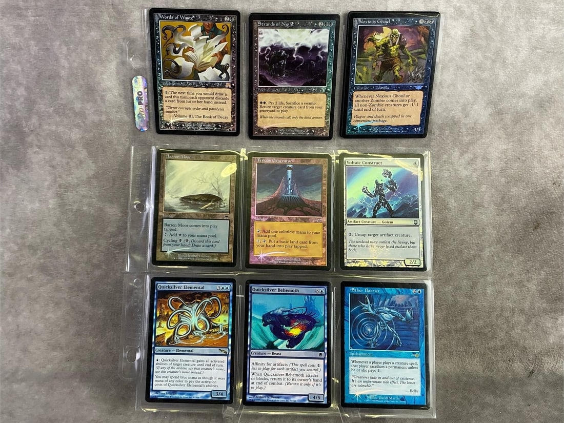 Magic The Gathering: Eleven 1993 Magic the Gathering Deckmaster cards. All in good condition and with protective sleeve. Each measures 2.5 inches wide x 3.25 inches tall.