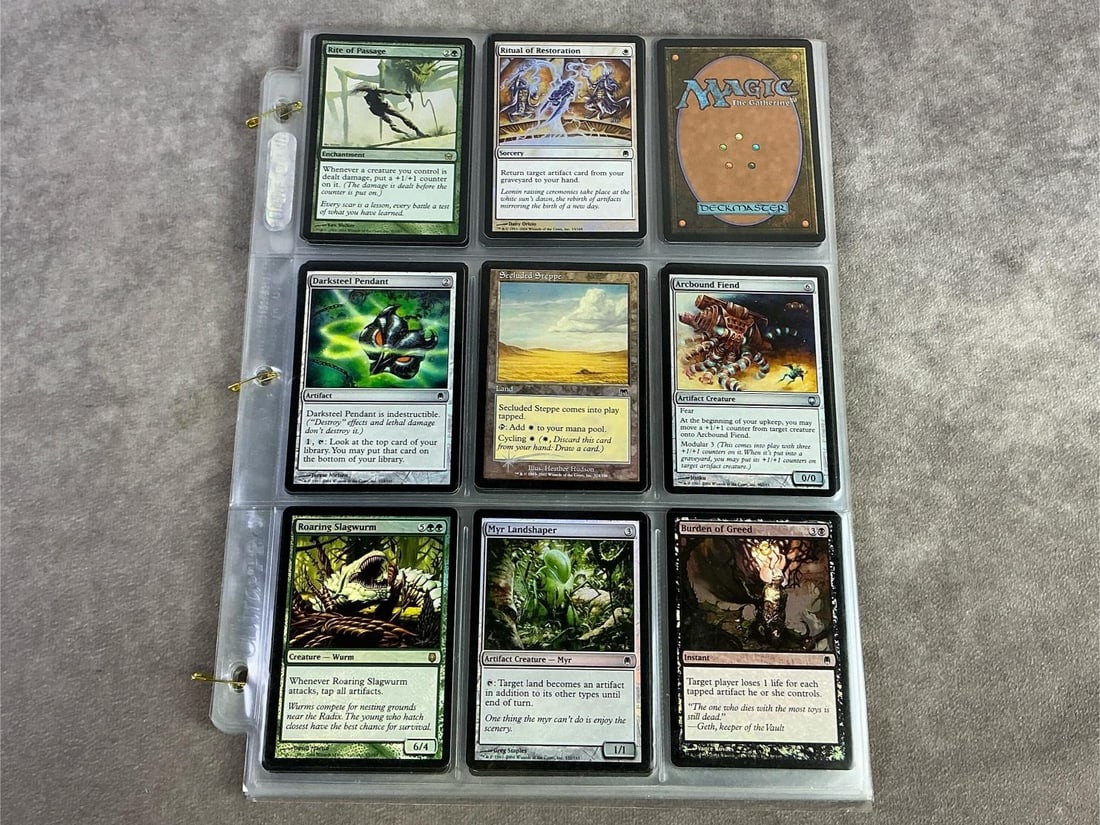 Magic The Gathering: Over one hundred 1993 Magic the Gathering Deckmaster cards. All in good condition and with protective sleeve. Each measures 2.5 inches wide x 3.25 inches tall.