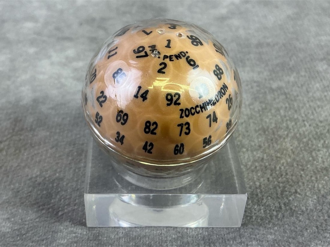 Zocchihedron: Vintage Gamescience Zocchihedron 100 sided die, often referred to as a fate ball, designed for tabletop role playing games. In good condition. Measures 1.5 inches in diameter x 2 inches on stand.