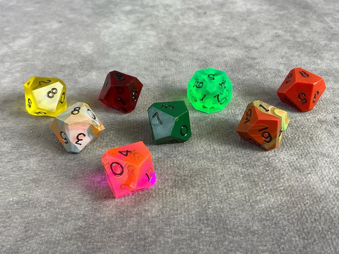 D10 Dice: Eight vintage D10 dice in a variety of colors. Each are ten sided die commonly used for role play games. Each approximately measure 0.75 inches.