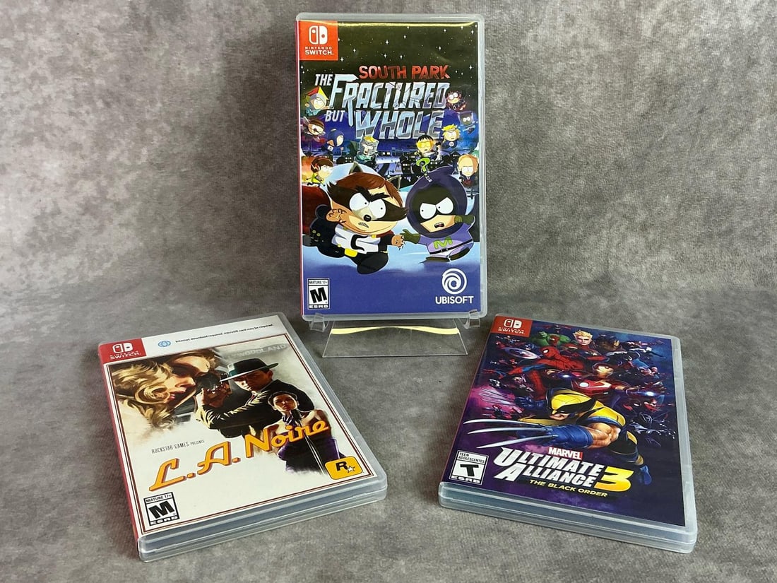 Nintendo Switch Games: Three Nintendo Switch games including South Park, LA Noire, and Ultimate Alliance 3. All in good untested condition. Each measures 4 inches wide x 6.5 inches tall.