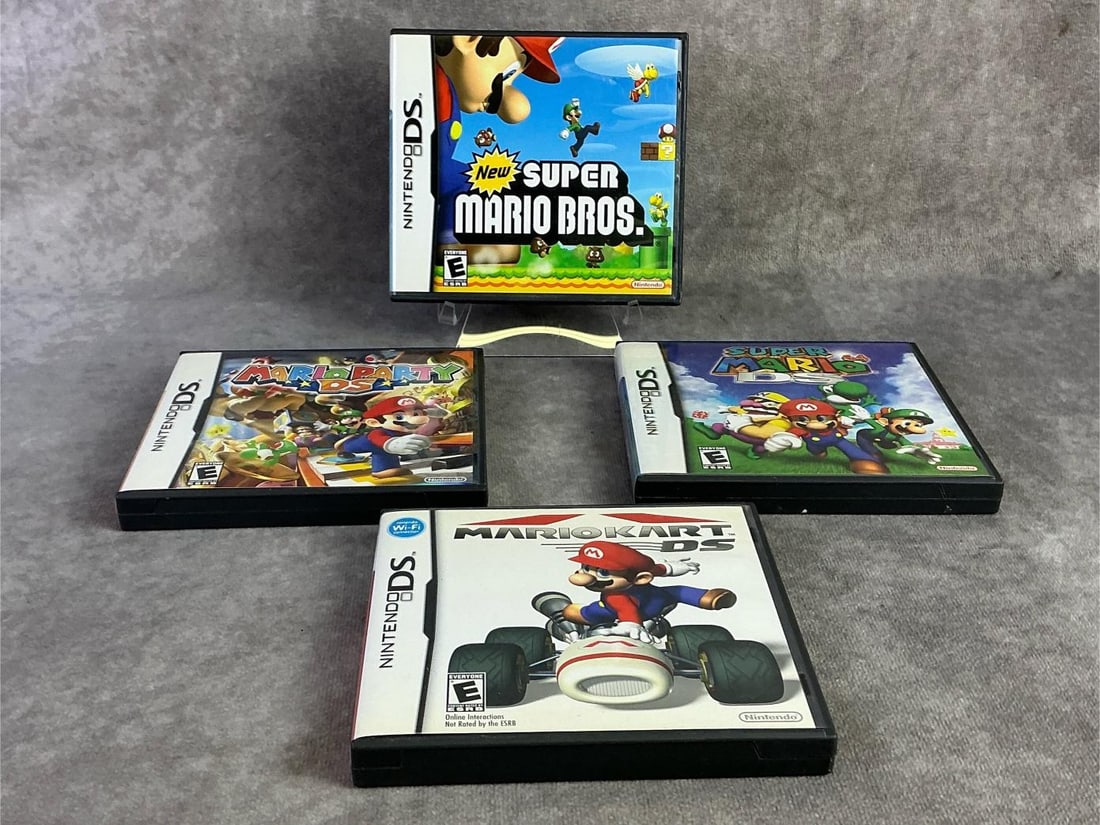 Nintendo DS Games: Four Nintendo DS games including Super Mario Bros, Super Mario, Mario Party, and MarioKart. All in good untested condition. Each measures 5.25 inches wide x 4.75 inches tall.