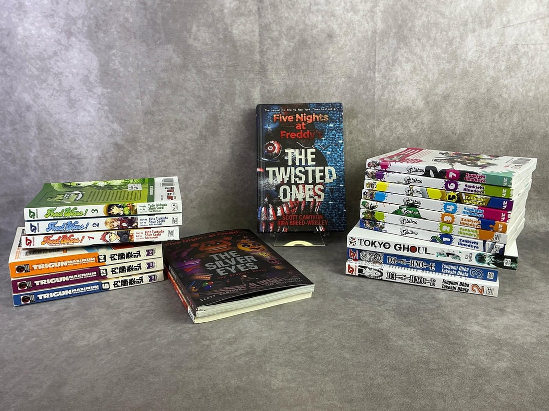 Manga: Sixteen manga including Splatoon, Food Wars, Trigun, and more. Three additional comics. All in good condition and dating from 2012 through 2016. Largest measures 6 inches wide x 9 inches tall.