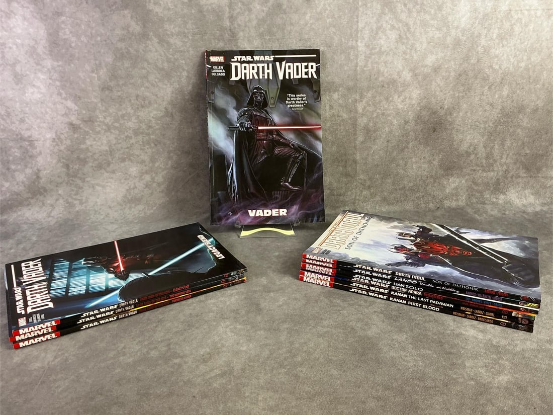 Star Wars Comics: Ten modern Marvel Star Wars comics including stories of Darth Vader, Darth Maul, Han Solo, and more. All in good condition and dating from 2016 through 2019. Each measures 6.5 inches wide x 10 inches 