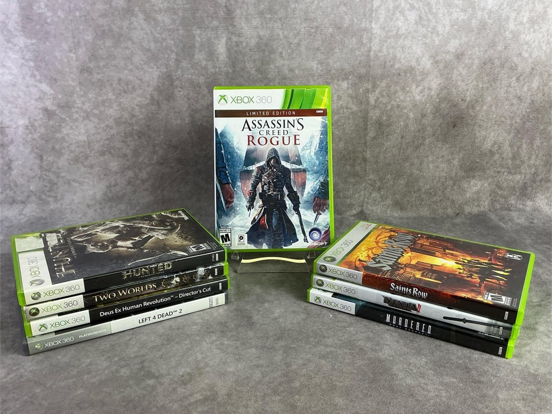 Xbox 360 Games: Eight Xbox 360 games including Assassins Creed, Hunted, Left 4 Dead, and more. All in good untested condition. Each measures 5.25 inches wide x 7.5 inches tall.