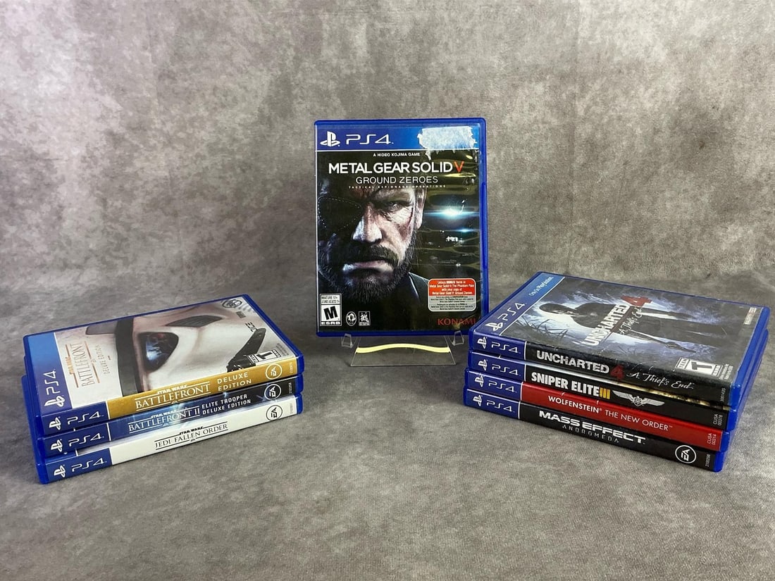 PS4 Games: Eight PS4 games including Battlefront, Metal Gear Solid, Uncharted, and more. All in good untested condition. Each measures 5.25 inches wide x 6.5 inches tall.