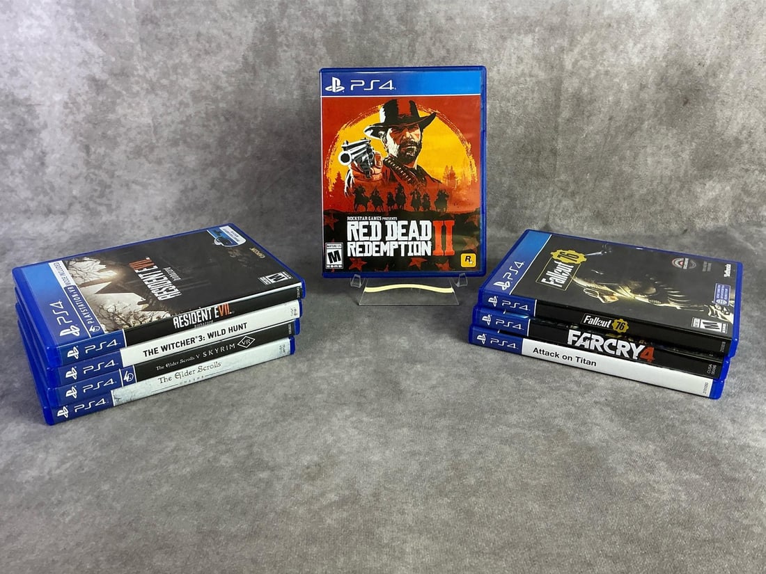 PS4 Games: Eight PS4 games including Fallout 76, Farcry, Red Dead, and more. All in good untested condition. Each measures 5.25 inches wide x 6.5 inches tall.