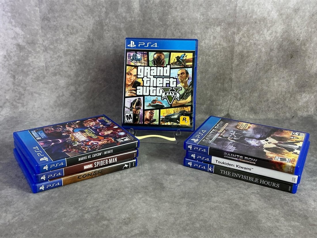 PS4 Games: Seven PS4 games including Grand-theft auto, Spider-Man, Conan, and more. All in good untested condition. Each measures 5.25 inches wide x 6.5 inches tall.