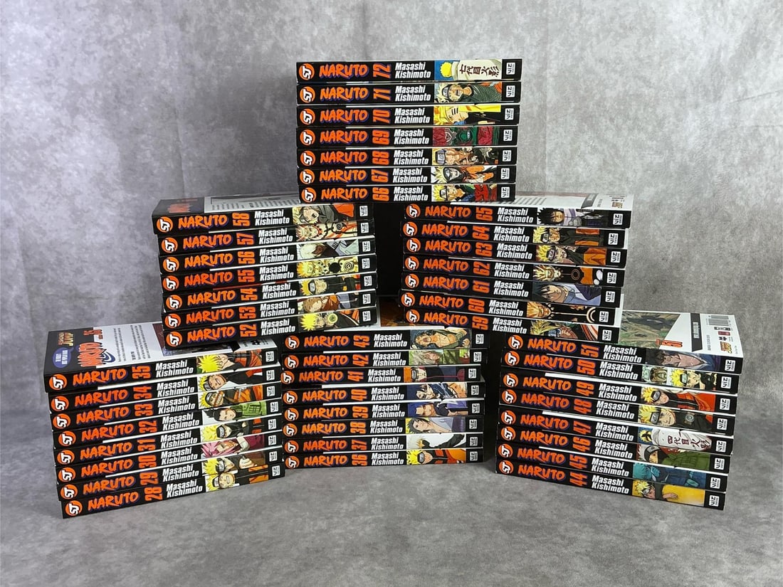 Naruto Manga: Fourty five Naruto manga, number 28 through 72 from 1999. All in good condition. Each measures 5 inches wide x 7.5 inches tall.