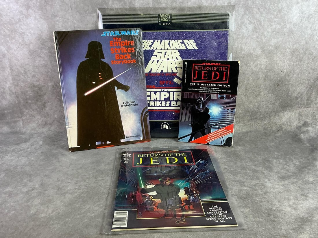 Star Wars: 1980s The Empire Strikes Back Storybook, 1983 Return of the Jedi comic and illustrated edition novel, also Laser Videodisc The making of Star Wars from 1982. All in good condition. Laser disc
