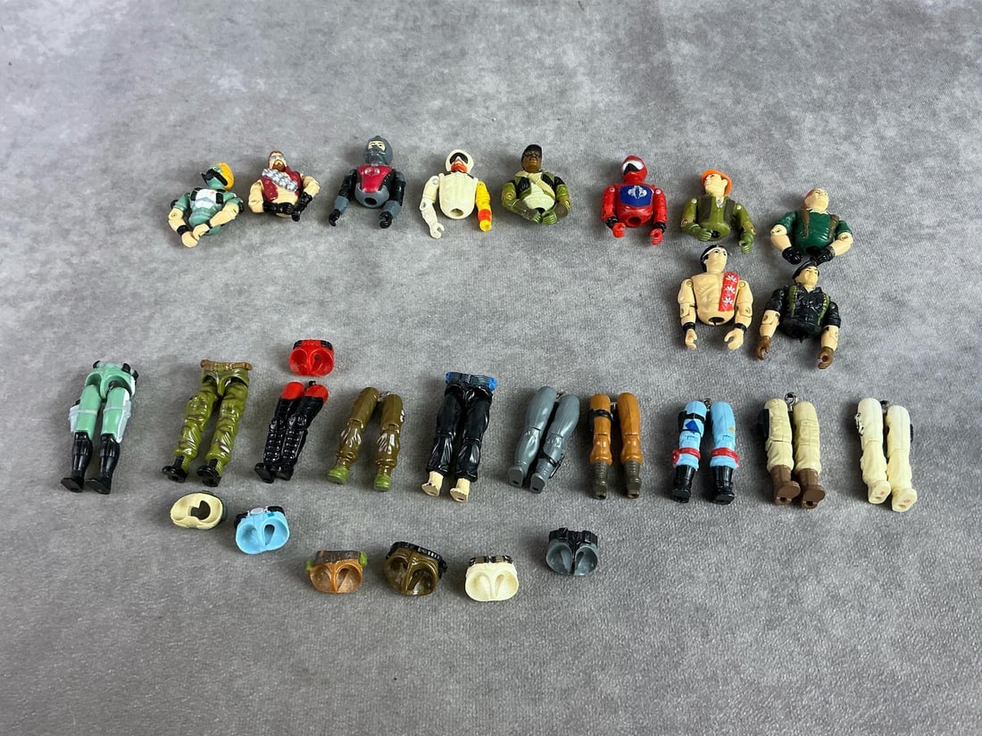GI Joe Figures: Ten 1980s GI Joe torsos and ten lower limbs. All are disconnected and in need of repair. Bag measures 6.5 inches wide x 7 inches tall.
