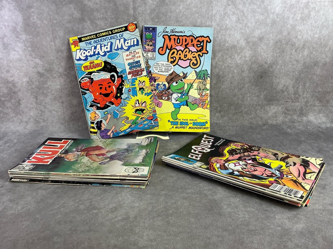 1980s Comics: Seventeen 1980s comics including Kull, Elf Quest, Muppet Babies, and more. All in fair to good condition. Each measures 6.5 inches wide x 10 inches tall.