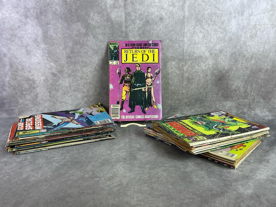 Vintage Comics: Over thirty 1980s comics including Star Wars, GI Joe, Green Lantern, and more. All in fair to good condition. Each measures 6.5 inches wide x 8 inches tall.
