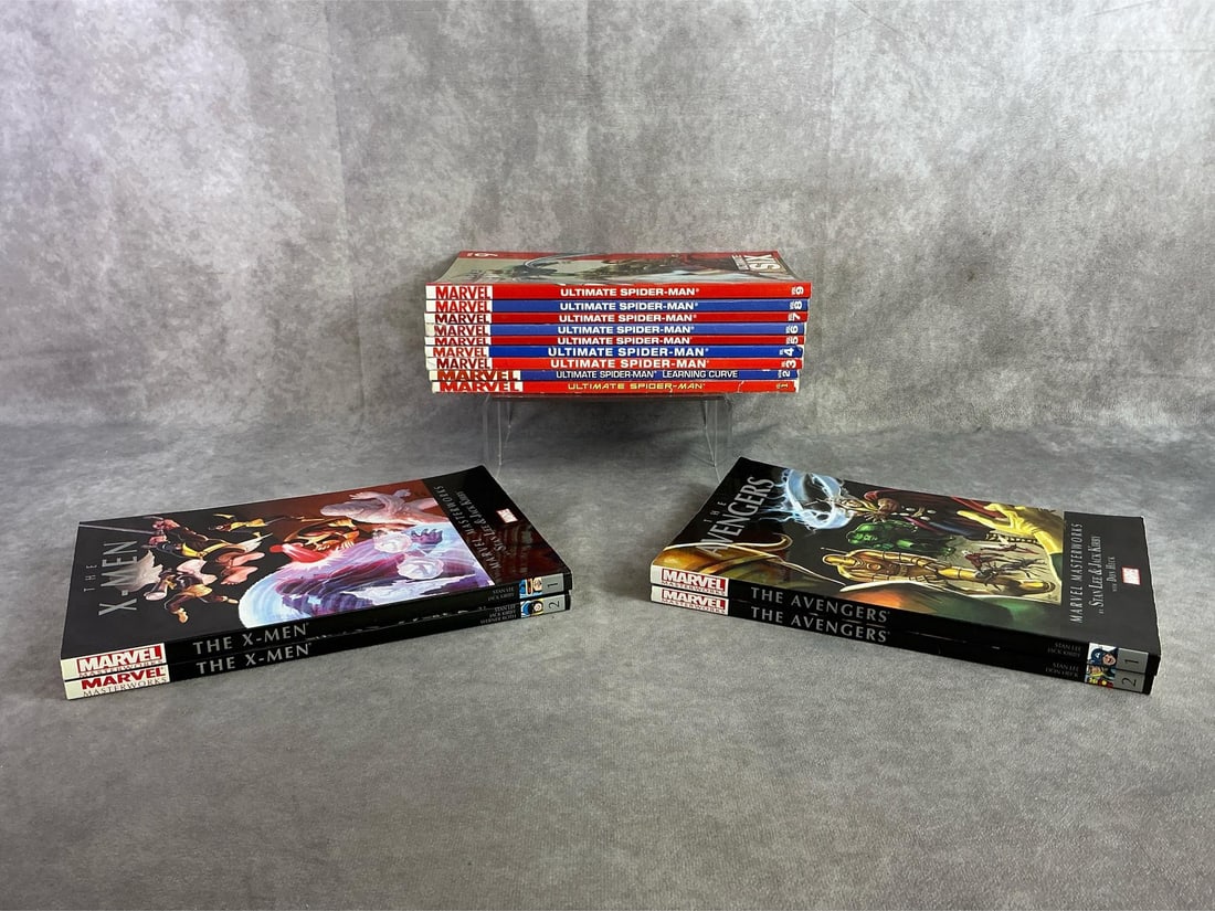 Modern Comics: Modern comics including The XMen one and two, The Avengers one and two, also Spider-Man volume one through nine. All in good condition. Each measures 7 inches wide x 10 inches tall.