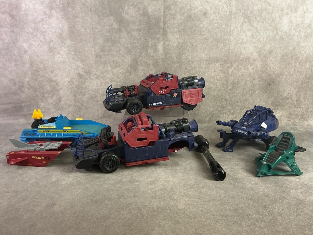 GI Joe Vehicles: Six 1980s GI Joe vehicles including Dreadnok Thunder machine, Assualt System Pod, and more. All in fair condition, most appear incomplete or with damage. Dreadnok measures 3.5 inches wide x 11 inches